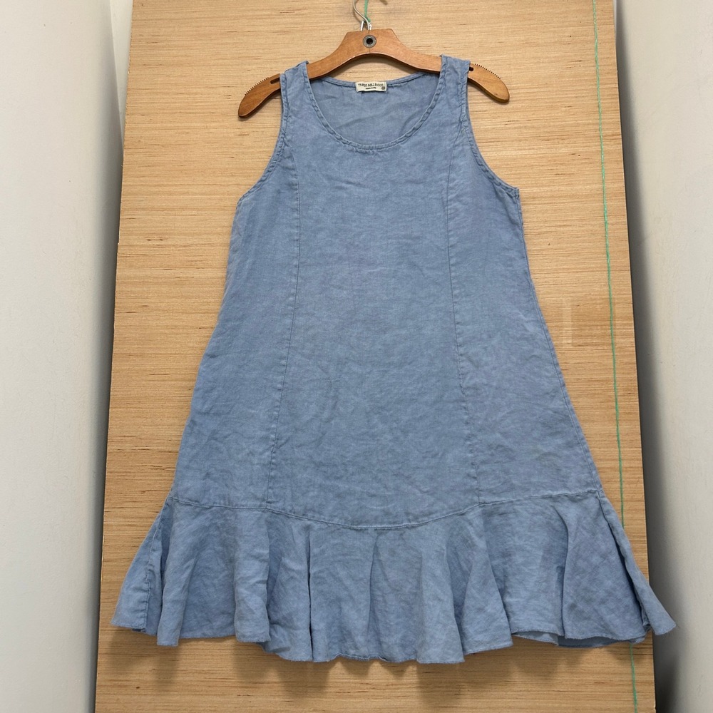 Terzo Millennio Blue Linen Sleeveless Ruffle Hem Dress Made in Italy XS